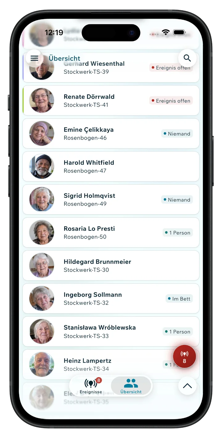NEDINA® App-Ansicht: Übersicht der Bewohner