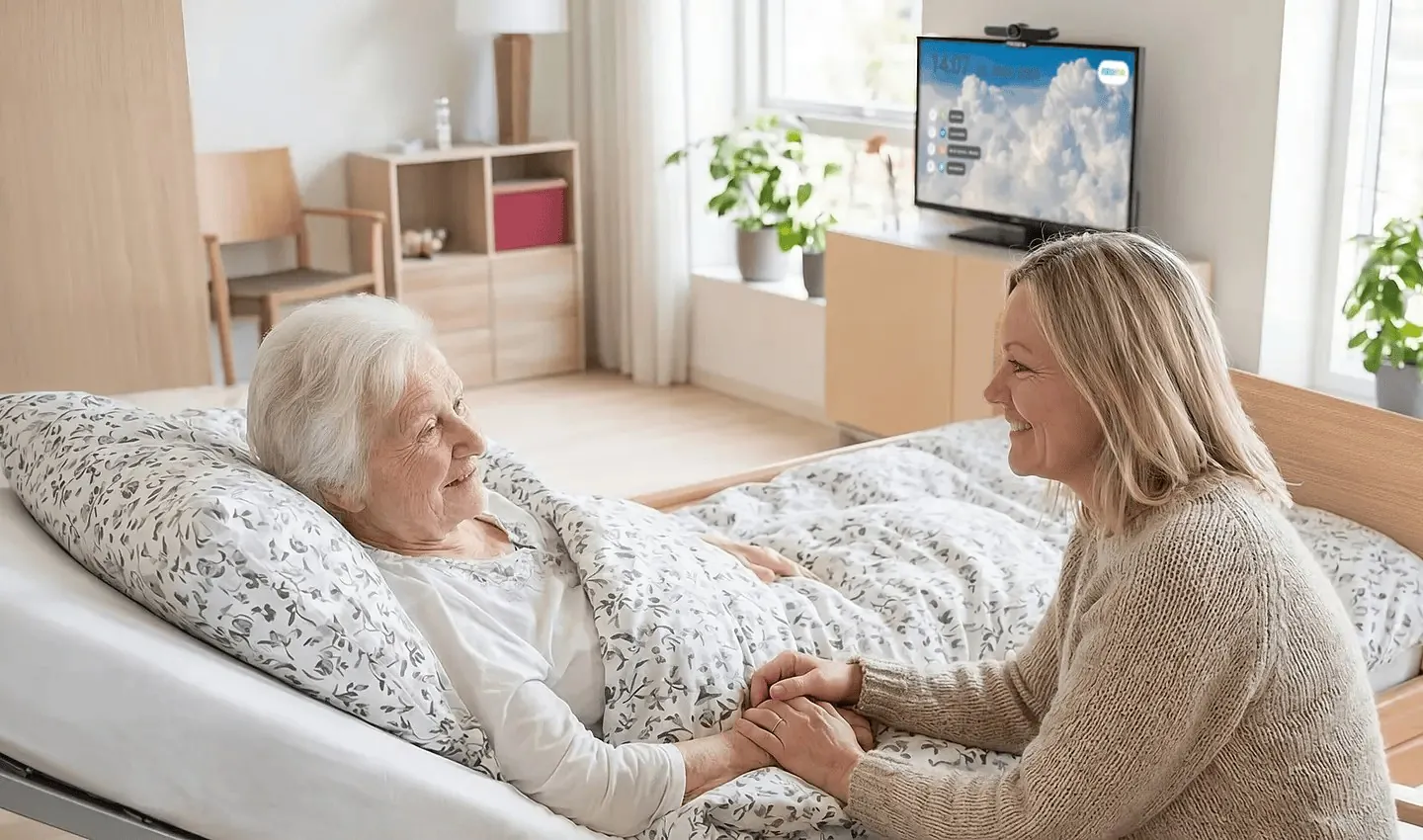 Pflegekraft hält liebevoll die Hand einer Bewohnerin in einem hellen Pflegezimmer mit NEDINA®-Fernseher