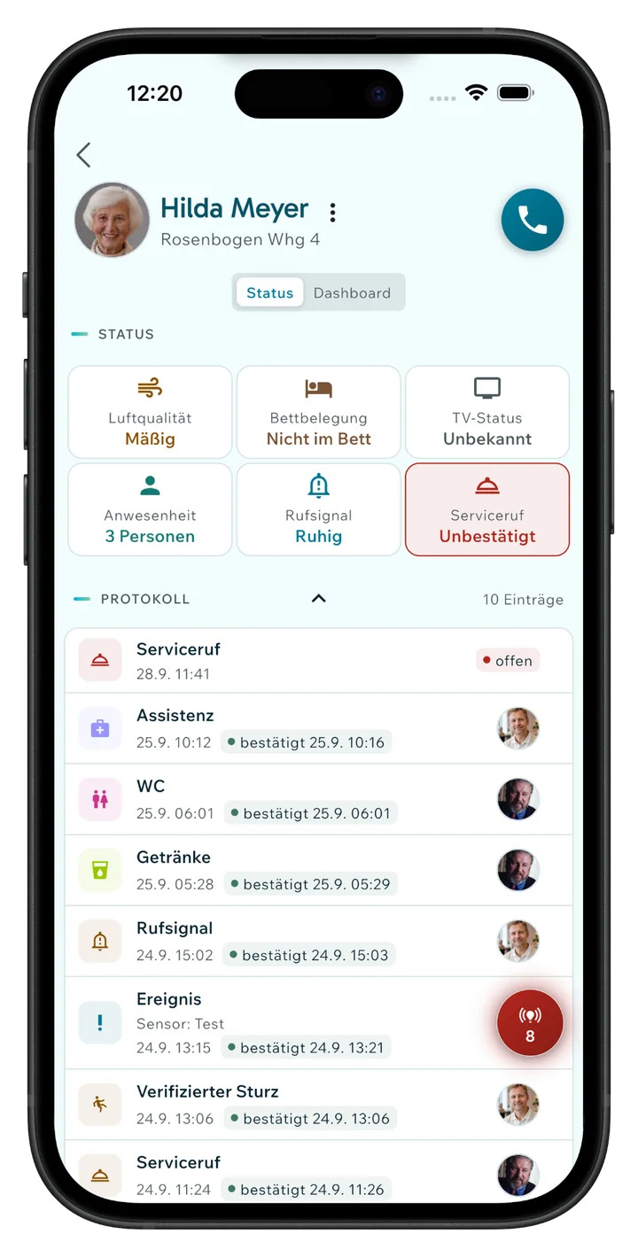 NEDINA® App-Ansicht: Übersicht der Bewohner