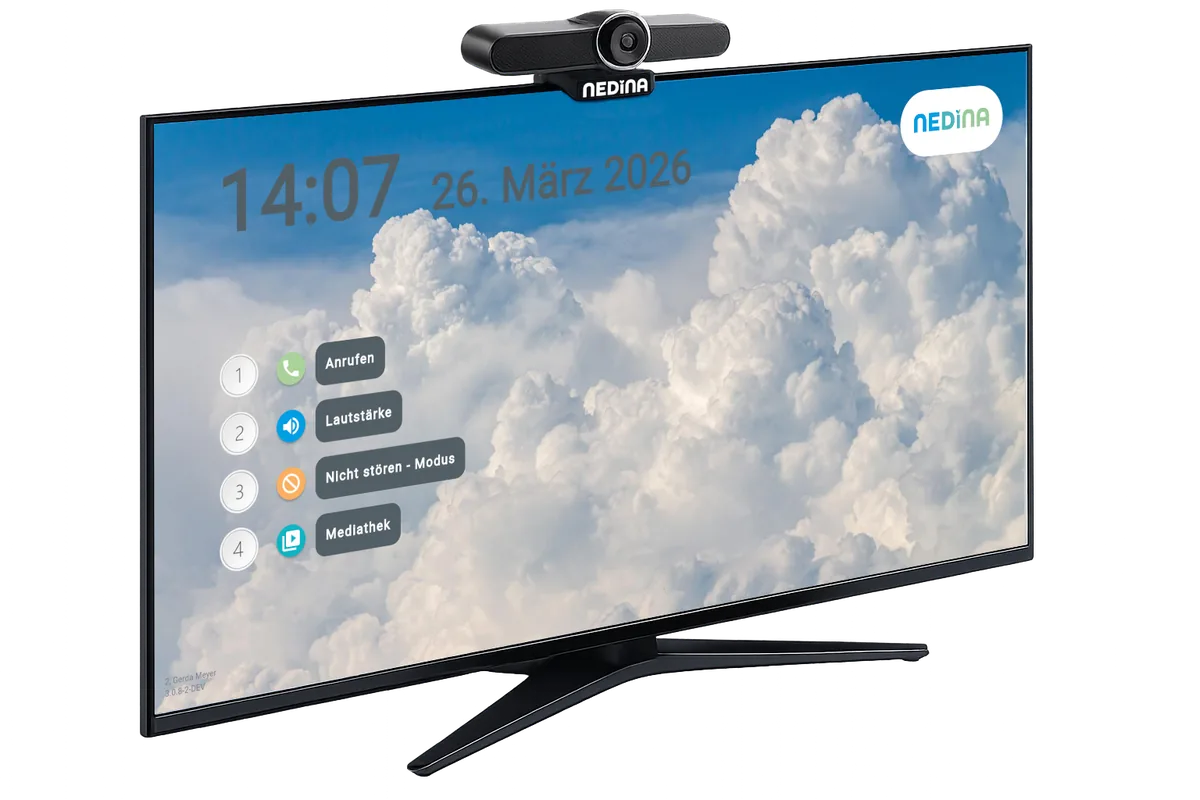 Fernseher mit NEDINA®-Oberfläche und aufgesetzter Kommunikationseinheit